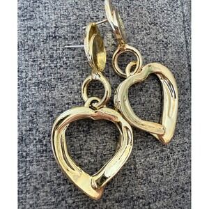 Gold Tone Open Heart Drop Dangle Earrings Chunky Textured Romantic Statement